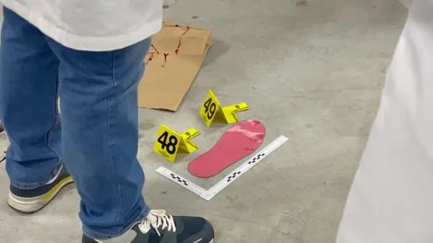 Forensic experts examining evidence at a crime scene with markers Stock Footage 320815732