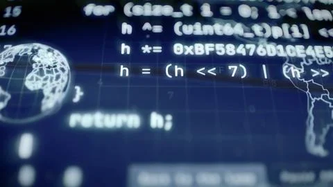 Forensic hash code beside wireframe globe Stockfoto's