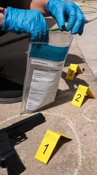 Forensic inspector collecting firearm shells at a crime scene with a dead male Stock Photos