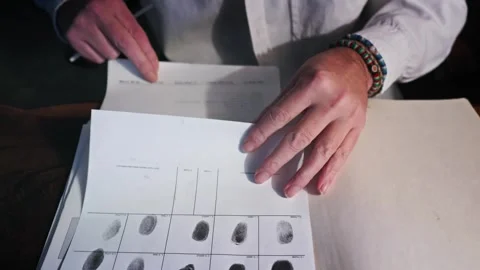 Forensic laboratory analyst study's fingerprint card evidence details Stock Footage 321680035