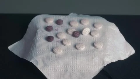 Forensic Scientist Hand In Glove Examining Assorted Pills Evidence Stock Footage 322606444