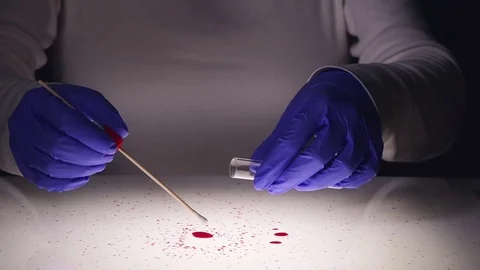 Forensic technician taking DNA sample from blood stain Stock Footage 69903925