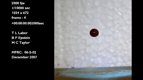 A forensics crime lab studies a slow motion blood drop falling onto wood. Video stock 123368147