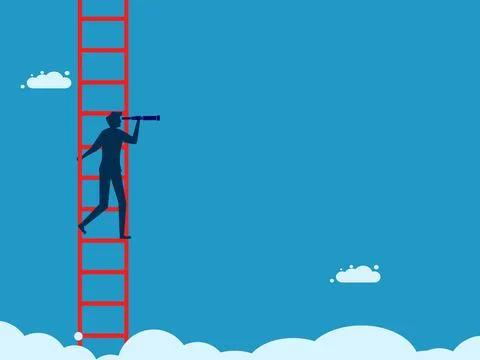 Foresight. man looking through binoculars on a high staircase Stock Illustration