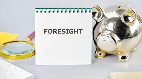 FORESIGHT word written in a notebook in a composition with a piggy bank and a Stock Photos