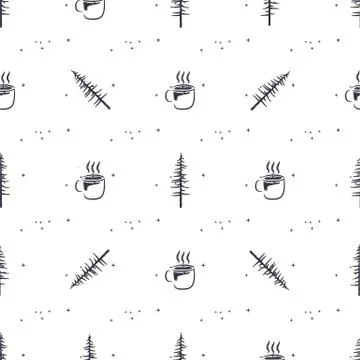 Forest adventure seamless pattern with trees and coffee cup. Silhouette Stock Illustration