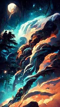 Forest adventures in the night sky 3D illustration 스톡 일러스트