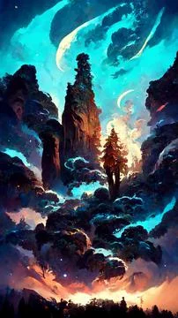 Forest adventures in the night sky 3D illustration Illustrazione stock