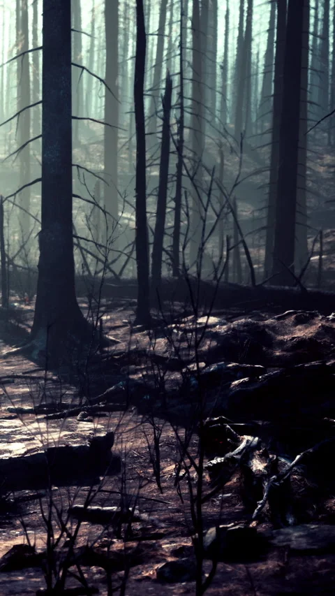 Forest after a fire shows charred trees and fallen branches in misty light Stock Footage 340892206