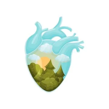 Forest against the sun and clouds inside the heart. Vector illustration on white Stock Illustration