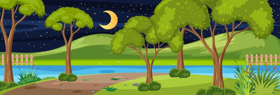 Forest along the river horizontal scene at night with many trees 스톡 일러스트