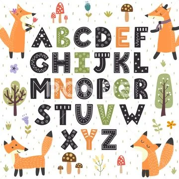 Forest alphabet with cute foxes. Hand drawn letters from A to Z Stock Illustration