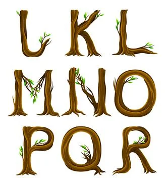 Forest Alphabet with Letters Arranged from Tree Trunks and Branches Vector Set Stock Illustration