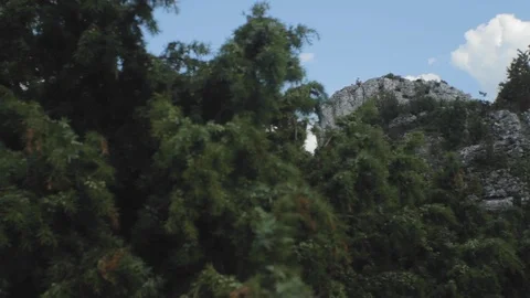 Forest and blue sky with mountain and climber in background Stock Footage 102143149