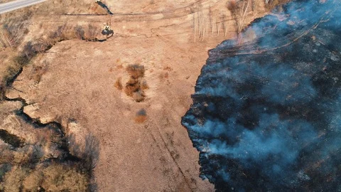 Forest and field fire. Dry grass burns, natural disaster. Aerial view. Stock Footage 120833649