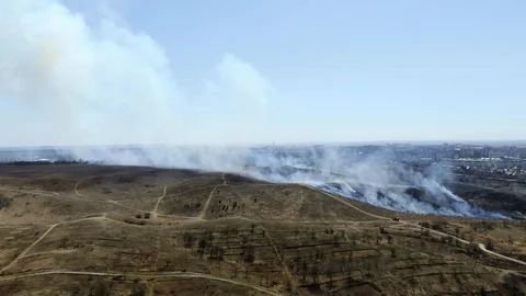 Forest and field fire. Dry grass burns, natural disaster. Aerial view. Fire Stock Footage 128105978