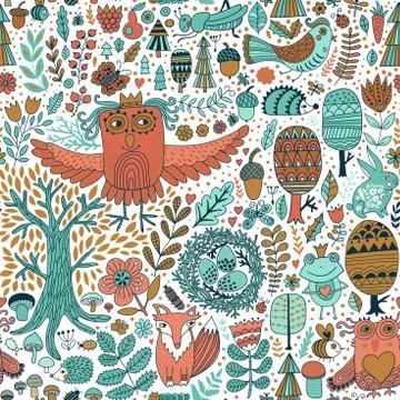 Forest and floral seamless pattern with animals Stock Illustration