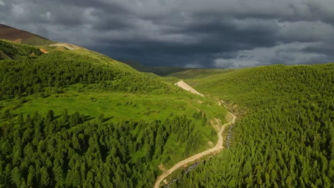 Forest and mountains in cloudy weather. Dark clouds, drone video. Stock Footage 245619802