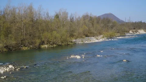 Forest and river, blue sky in background. Stock Footage 127954181