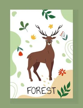 Forest animal poster. Wild deer print. Wildlife fauna. Elk with horns. Creati Stock Illustration