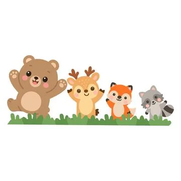 Forest animals bear deer fox and raccoon in grass Stock Illustration