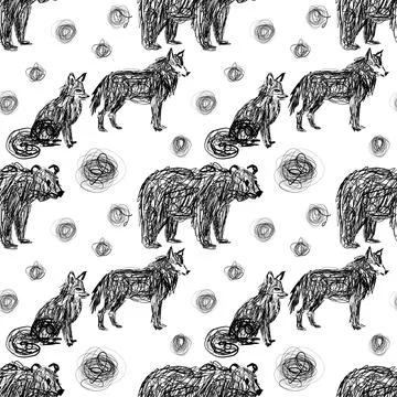 Forest Animals Bear Wolf and Fox Seamless Pattern Scribble Line Art Vector, Hand イラスト素材