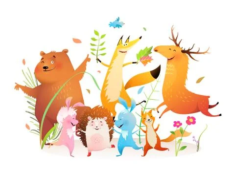 Forest Animals Dancing Party Funny Bear Fox Moose Stock Illustration