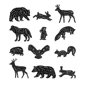 Forest animals with floral elements. Hand drawn silhouettes. Wild woodland .. Stock Illustration