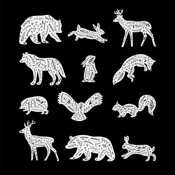 Forest animals with floral elements. Hand drawn silhouettes. Flourish ornam.. 스톡 일러스트