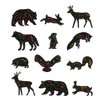 Forest animals with floral elements. Hand drawn silhouettes. Flourish ornam.. Stock Illustration