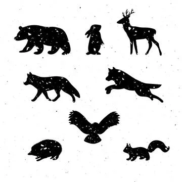 Forest animals. Hand drawn silhouettes. Wild woodland animals with grunge e.. Stock Illustration