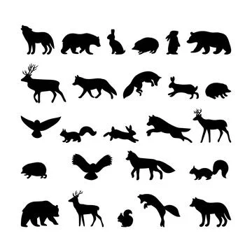 Forest animals. Hand drawn silhouettes. Black outline wild woodland animals.. Stock Illustration