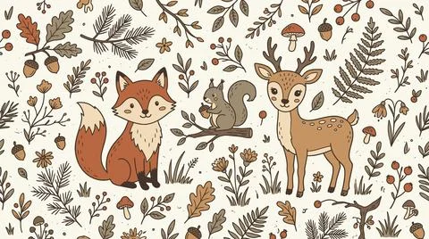 Forest animals pattern with deer fox and squirrel for textile printing proj.. Stock Illustration