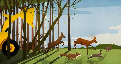 Forest animals running from deforestation bulldozer in woods Stock Illustration