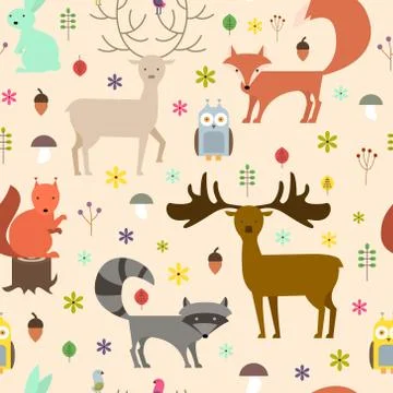Forest animals seamless background. Flat style animals texture. Vector illu.. Illustrazione stock
