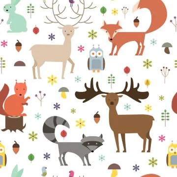 Forest animals seamless background. Flat style animals texture. Vector illu.. Illustrazione stock