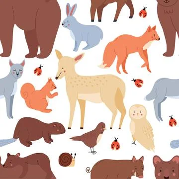 Forest animals seamless pattern with bears,fox,squirrel,hare,wolf,beaver,hog, Stock Illustration