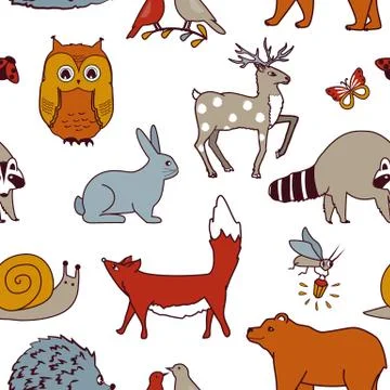 Forest animals seamless pattern. Fox, bear, raccoon, owl, rabbit, firebug, an Stock Illustration