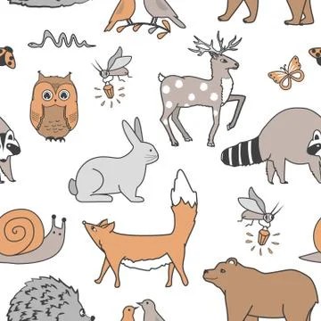 Forest animals seamless pattern. Fox, bear, raccoon, owl, rabbit, firebug, an Illustrazione stock