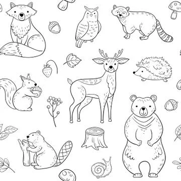 Forest animals seamless pattern. Fox Owl Raccoon Beaver Bear Hedgehog Squirrel Stockillustratie