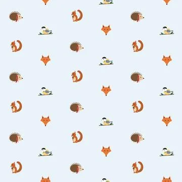 Forest animals seamless pattern with hedgehog, fox, squirrel and tit bird on Stock Illustration