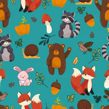 Forest animals, seamless pattern, illustration, vector. Illustrazione stock