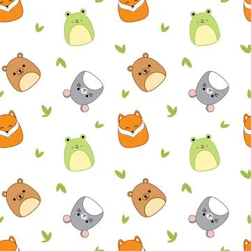 Forest animals on seamless pattern. Squishmallows.Fox bear frog mouse Kawaii Stockillustratie