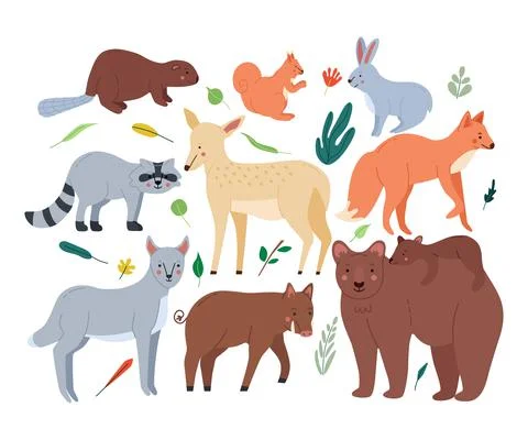 Forest animals set with bears,fox,squirrel,hare,wolf,beaver,hog,deer,raccoon, Stock Illustration