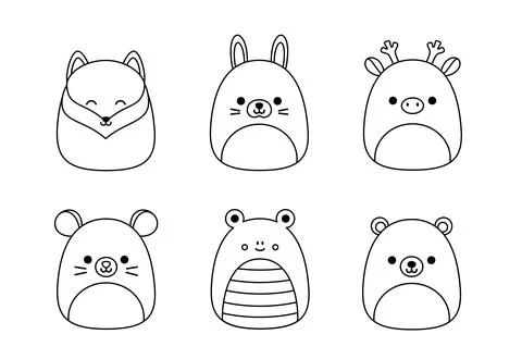 Forest animals set. Coloring page. Squishmallow. Black and white animals. Vector Stock Illustration