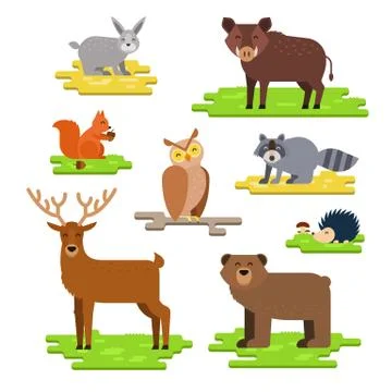 Forest animals set flat vector illustration with hare, wild boar, squirrel, owl Stock Illustration