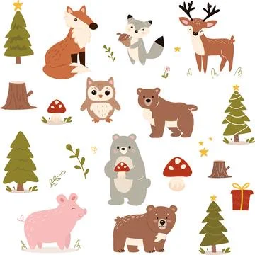 Forest animals . set of forest animals deer, bears, owl, fox Stock Illustration