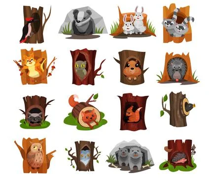 Forest Animals Sitting in Tree Hollow and Burrow as Woodland Home Vector Set Illustrazione stock