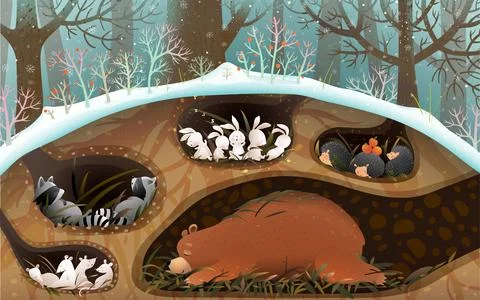 Forest Animals Sleeping in Dens Burrows and Holes Stock Illustration