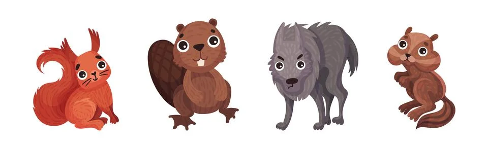 Forest Animals with Squirrel, Beaver, Wolf and Chipmunk Vector Set Stock Illustration